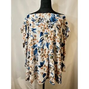 Floral Print Off Shoulder Tunic Top Flowy Blouse Casual White Blue Size OS
